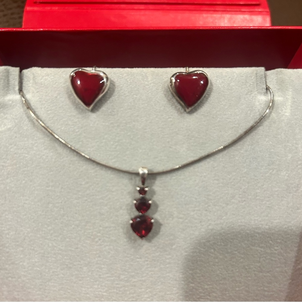 Red Envelope Sterling Silver and Garnet Heart Earrings and necklace.
